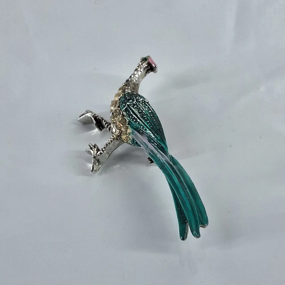 Vintage Silver Tone Teal Enamel Rhinestone Peacock Bird Brooch Pin Figural Art‎